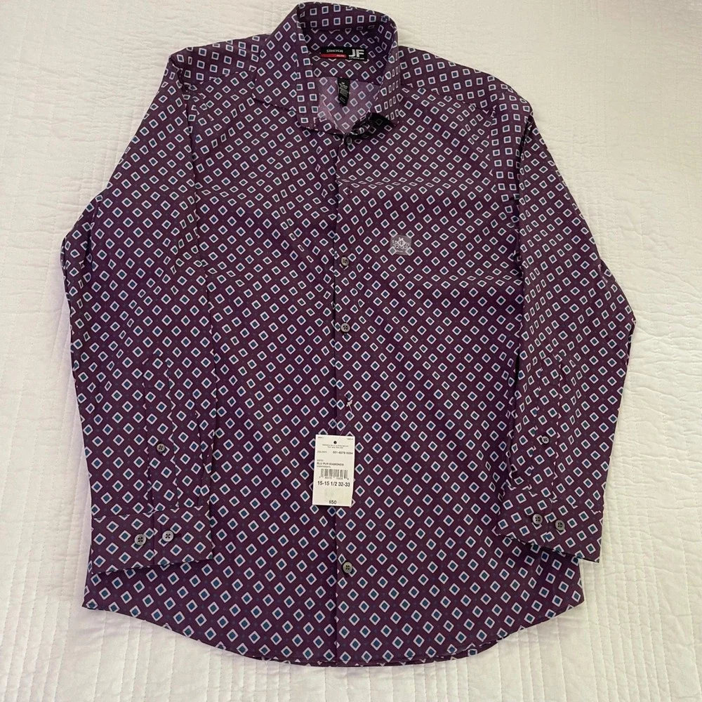 J. Ferrar Men Purple Blue Diamond Geometric Slim Fit Stretch Dress Shirt 15.5 32